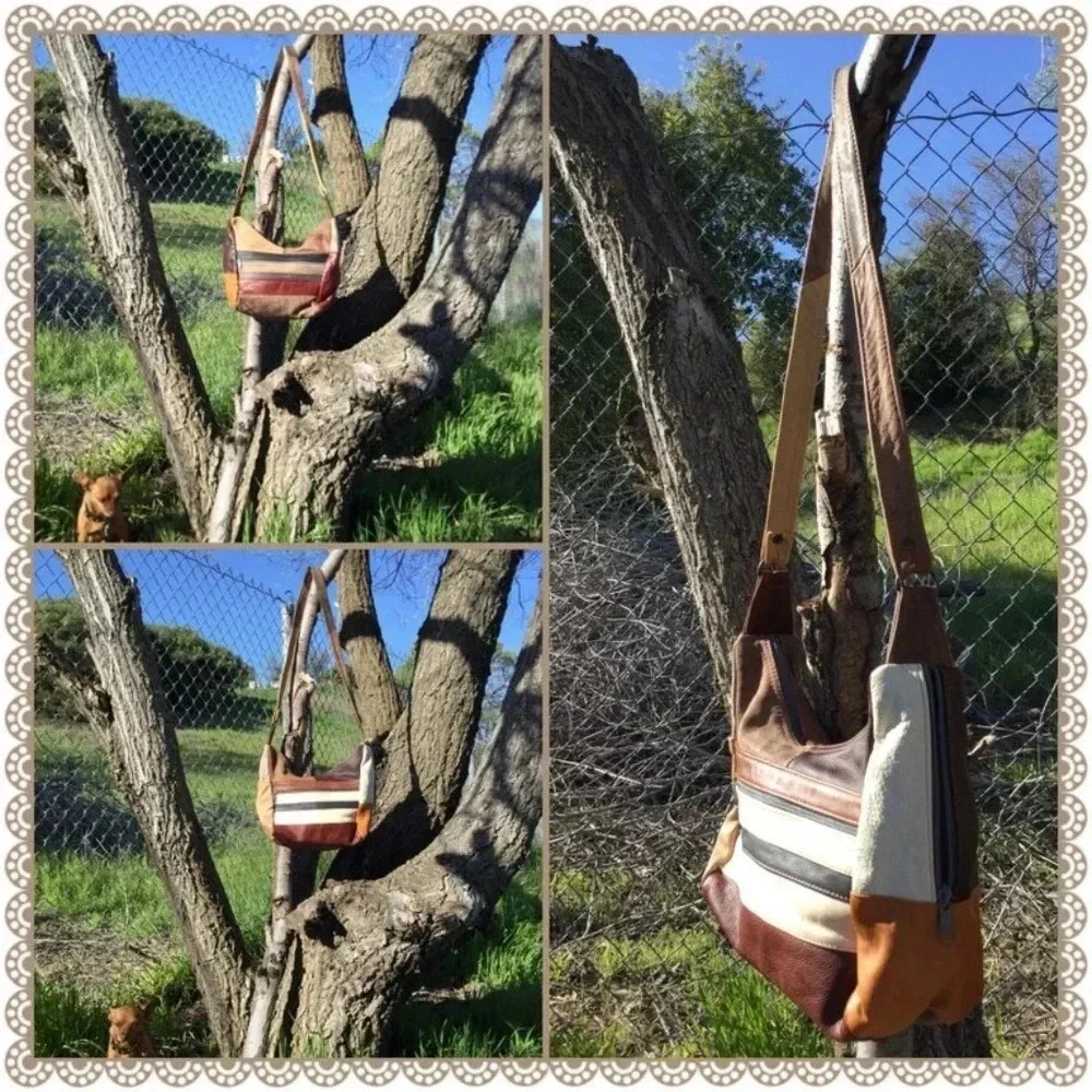 Vintage 70s Brown Natural Pebbled Leather Patchwork Boho Hobo Crossbody Bag